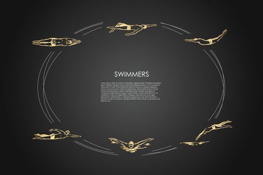 Swimmers - male sportsmen swimming in traditional cap in different poses vector concept set