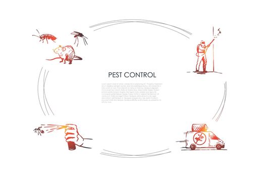 Pest control - mouse, spray and special worker struggling with pest vector concept set