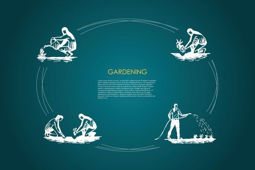 Gardening - people digging ground, planting and watering flowers vector concept set