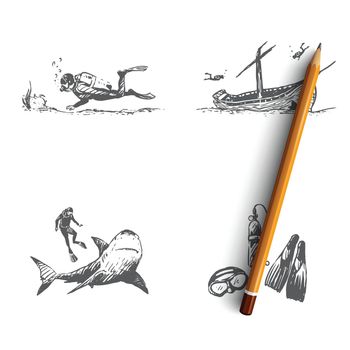 Diving - scuba diving, secrets of the seabed, the equipment of the diver, the study of marine fauna vector concept set