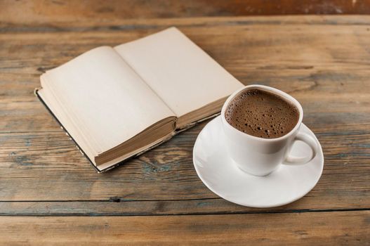 Open a blank page book and cup of coffee on the desk