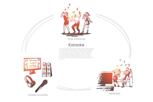 Karaoke - songs and dances, family duet, karaoke accessories vector concept set