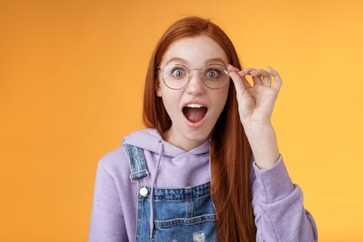 Omg so cool. Portrait amazed speechless excited redhead girl drop jaw amused stare camera surprised find out awesome product net touch glasses reading impressive post, orange background