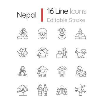 Nepal cultural heritage linear icons set