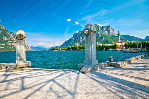 Town of Lecco on Como Lake waterfront and church view