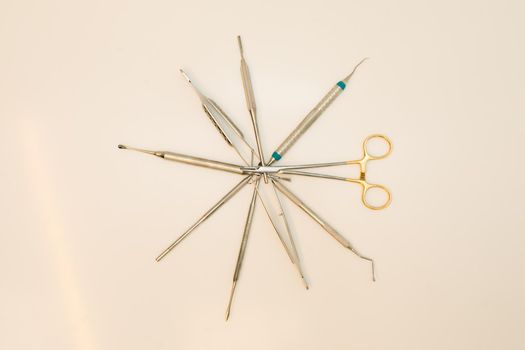 Dentist orthopedist tools. Dental implantation surgical set. Surgical kit of instruments used in dental implantology
