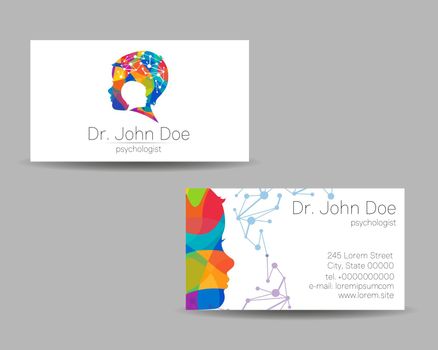 Vector Colorful Business Card Kid Head Modern logo Creative style. Human Child Profile Silhouette Design concept for Company Brand. Rainbow color isolated on gray background