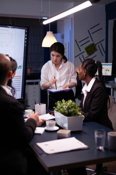 Entrepreneur woman brainstorming management strategy working hard in meeting office