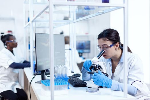 Expert in in genetics doing research using microscope