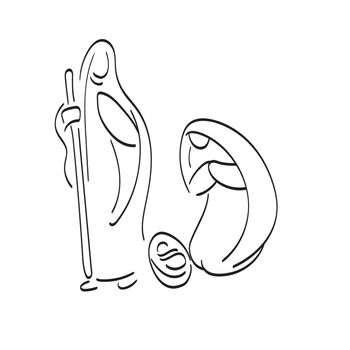 Christmas nativity story with Mary, Joseph and baby Jesus hand drawn with black lines illustration vector