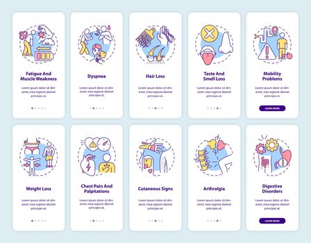 Post-covid syndrome onboarding mobile app page screen with concepts set