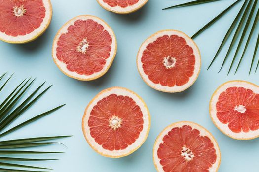 top view grapefruits with leaves. High quality photo