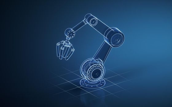 Robotic arm with blue background, 3d rendering.