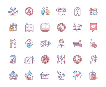 Religious values and problems RGB color icon set