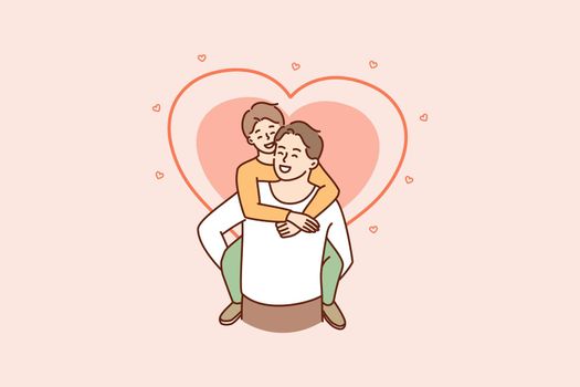 Happy loving father hold on back smiling small son, enjoy family weekend together. Excited little boy child piggyback caring dad show gratitude. Fatherhood, parenthood concept. Vector illustration.