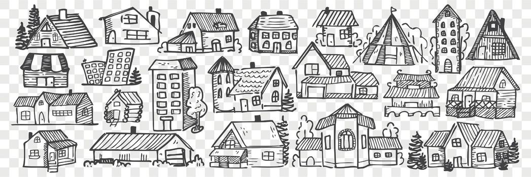 Hand drawn buildings doodle set.