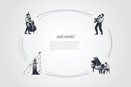 Jazz music - cellist, saxophonist, pianist and singer vector concept set