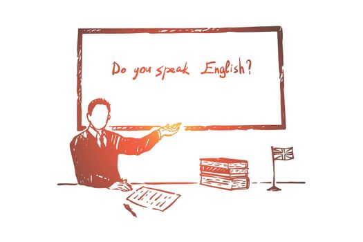 Foreign language learning lesson, question at job interview, citizenship exam, faceless man in suit, teacher