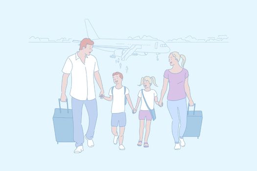 Family trip, travelling, arrival by air concept