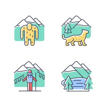 Mountaineering in Nepal RGB color icons set