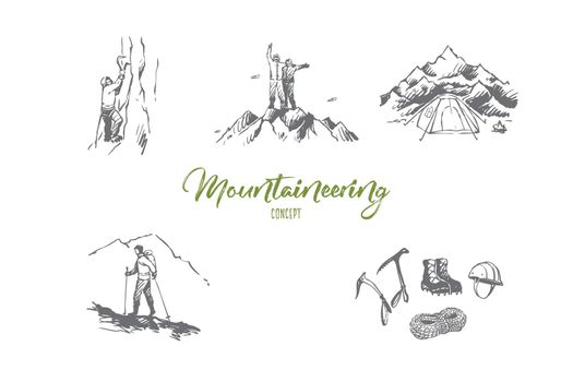 Mountaineering - sportsmen climbing mountains, camping and special equipment vector concept set