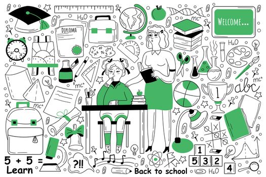 Education doodle set. Collection of hand drawn sketches templates of people learning studying subjects at college or university with teacher. Back to school and getting knowledge illustration.