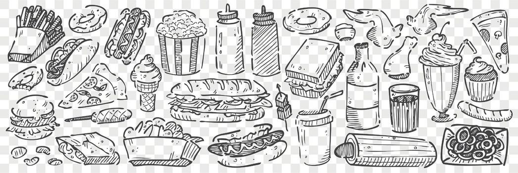 Hand drawn junk food doodle set