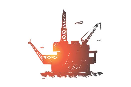 Offshore oil mining derrick, industrial ocean drilling tower, oilfield rig in sea, marine construction