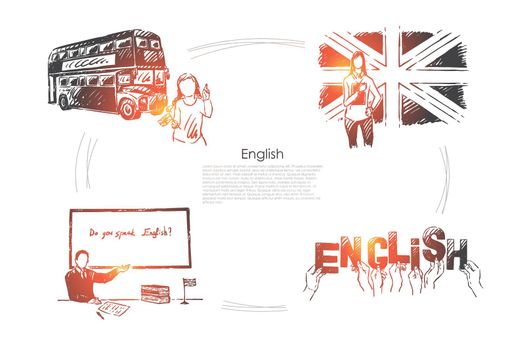 Great Britain traveling, british culture exploration, foreign study, citizenship exam, hands holding letters banner
