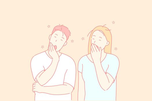 Sleepy people, tired friends, yawning couple concept