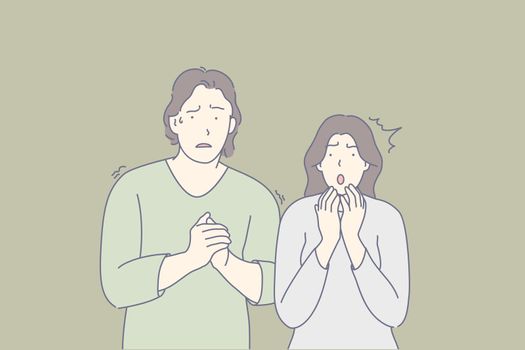 Frightened people, scared couple, shocked friends concept