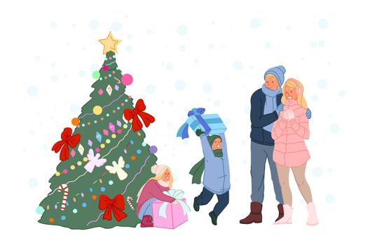 New Year celebration, childish gifts under Xmas tree, winter family walk concept