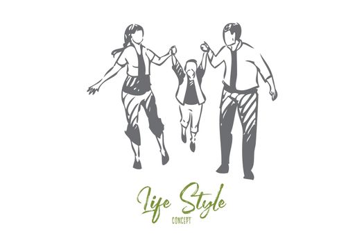 Family walking concept sketch. Isolated vector illustration