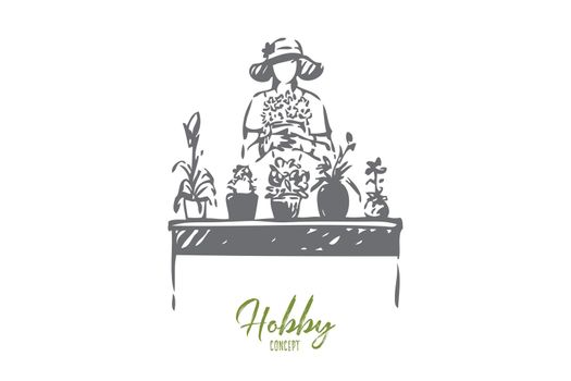 Gardening hobby concept sketch. Isolated vector illustration