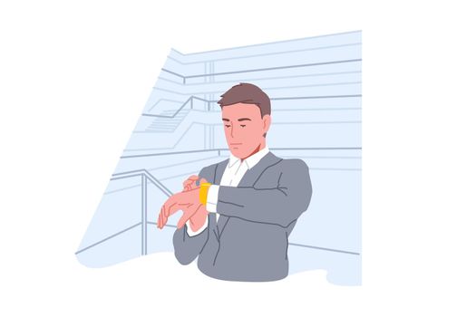 Time management, punctuality, busy lifestyle concept. Confident businessman looking at watch, young entrepreneur in suit, company employee waiting for appointment. Simple flat vector