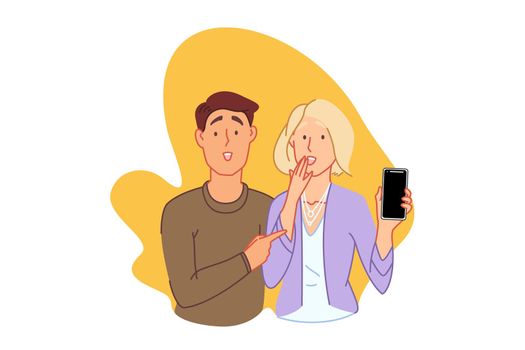 Rejoicing and victory celebration concept. Surprised woman holding mobile phone, couple looking astonished, pleasant boyfriend and girlfriend, good news reaction. Simple flat vector