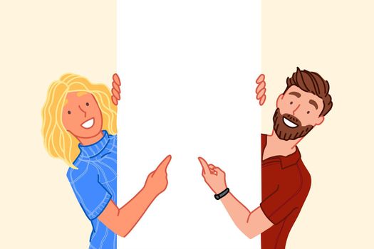 Curiosity, advertising banner concept. Smiling friends standing and pointing on empty white space, cheerful caucasian young woman and man, happy facial expression. Simple flat vector
