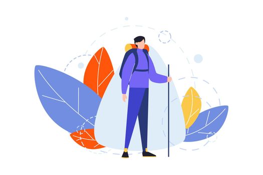 Hiking, occupation, hobby concept. Illustration of man, boy hiker with backpack and stick. Travelling on vacation. Art image of peoples creative occupation, hobby, lifestyle. Flat vector
