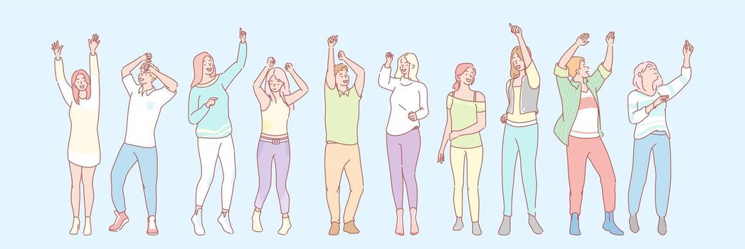 Party animals set concept. Group of men and women dancers on dance floor. Illustration of students dancers. Collection of young boys and girls teenagers dancing at disco party. Simple flat vector