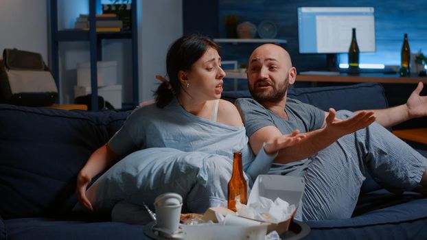 Unhappy couple overwhelmed by problem struggling with mental problems