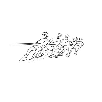 line art team competing in tug of war illustration vector isolated on white background