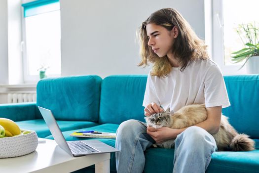 Guy teenager studies at home online with laptop and pet cat. Male 16, 17 years old sitting on couch looking at webcam, talking, using video call. E-learning, virtual lessons, technologies in education