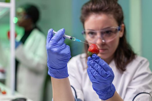 Closeup of biochemist researcher injecting healthy strawberry with dna liquid