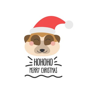Cute funny face of a meerkat in a Santa hat with the inscription merry Christmas. Vector flat style on a white background