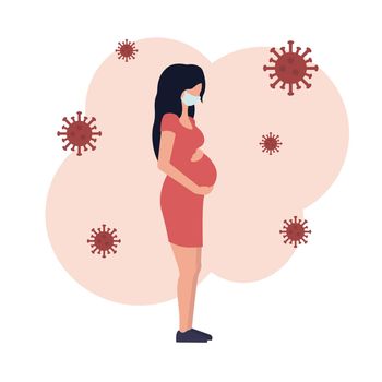 Pregnant Woman Wearing Protective Face Mask Against Viruses. Young mother to be feeling ill from viral influenza disease