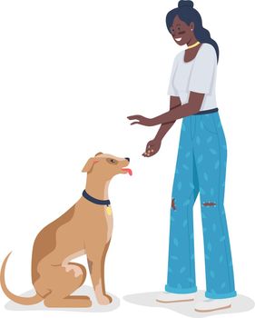 Woman teaching dog tricks semi flat color vector character
