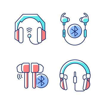 In ear and on ear headphones RGB color icons set