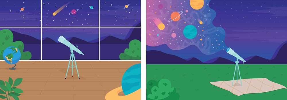 Space exploration with telescope flat color vector illustration set