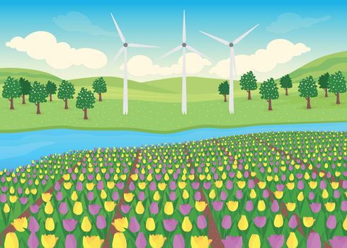 Tulips field flat color vector illustration. Beautiful countryside with big windmills. Peaceful place to live with rivere 2D cartoon landscape with forest with blooming trees on background