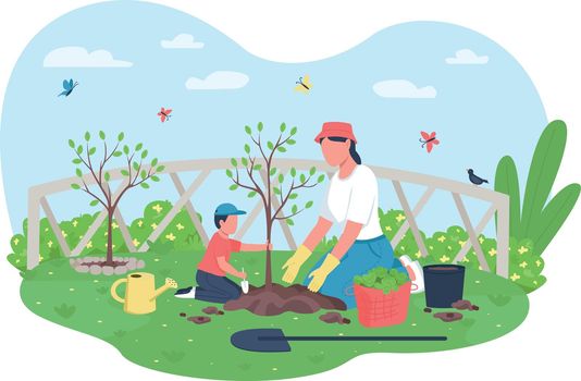 Planting tree together 2D vector web banner, poster